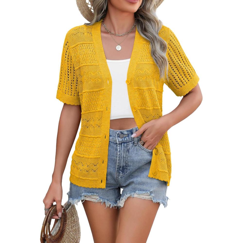 imageZeagoo Womens 2026 Summer Short Sleeve Crochet Cardigan V Neck Cropped Lightweight Button up Bolero Shrug SweaterYellow