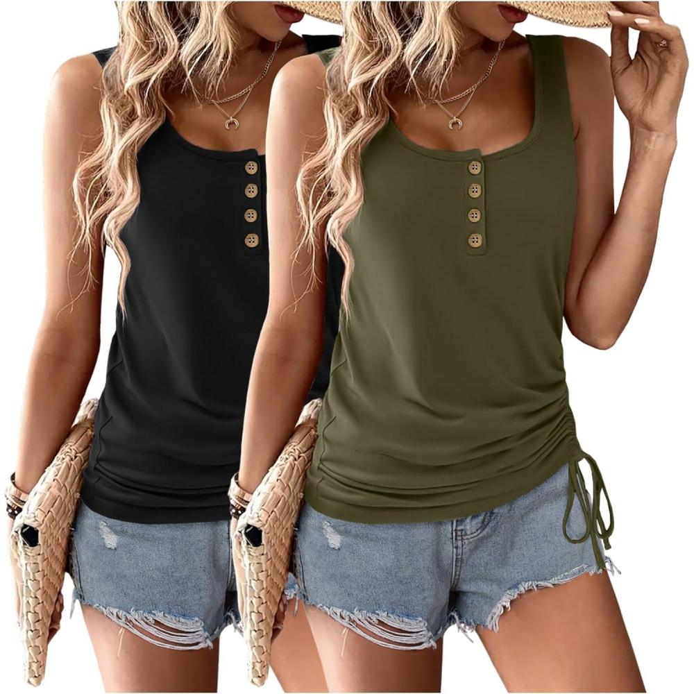 imageZeagoo Womens 2026 Tank Tops 2 Pack U Neck Summer Sleeveless Tops Loose Fit Button Casual Henley ShirtsBlackarmy Green