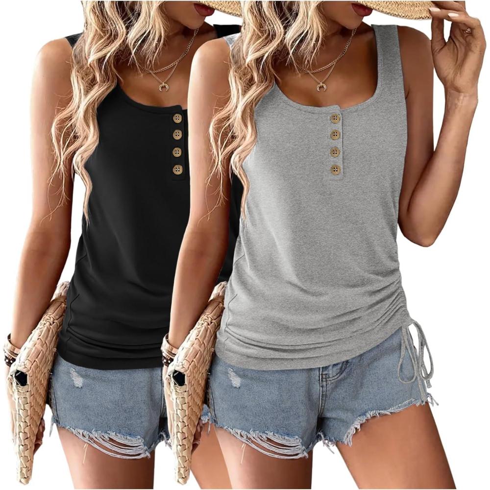 imageZeagoo Womens 2026 Tank Tops 2 Pack U Neck Summer Sleeveless Tops Loose Fit Button Casual Henley ShirtsBlackgrey