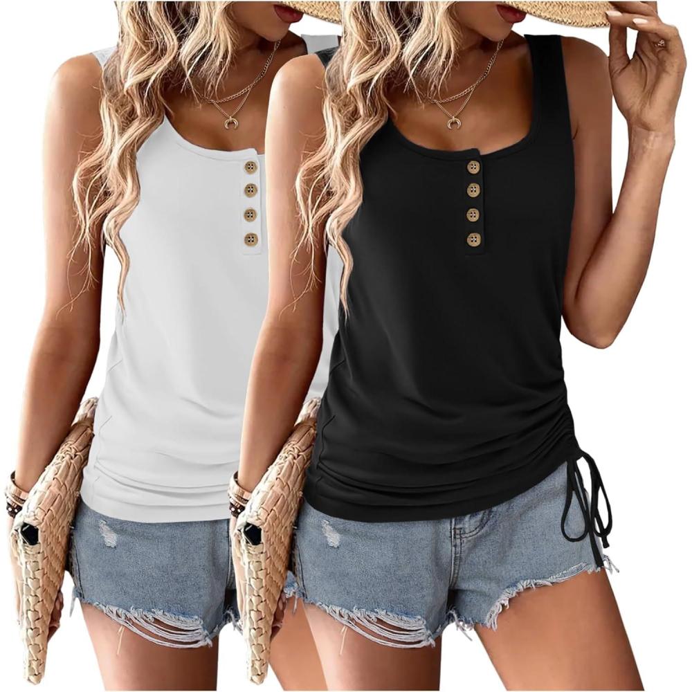 imageZeagoo Womens 2026 Tank Tops 2 Pack U Neck Summer Sleeveless Tops Loose Fit Button Casual Henley ShirtsBlackwhite