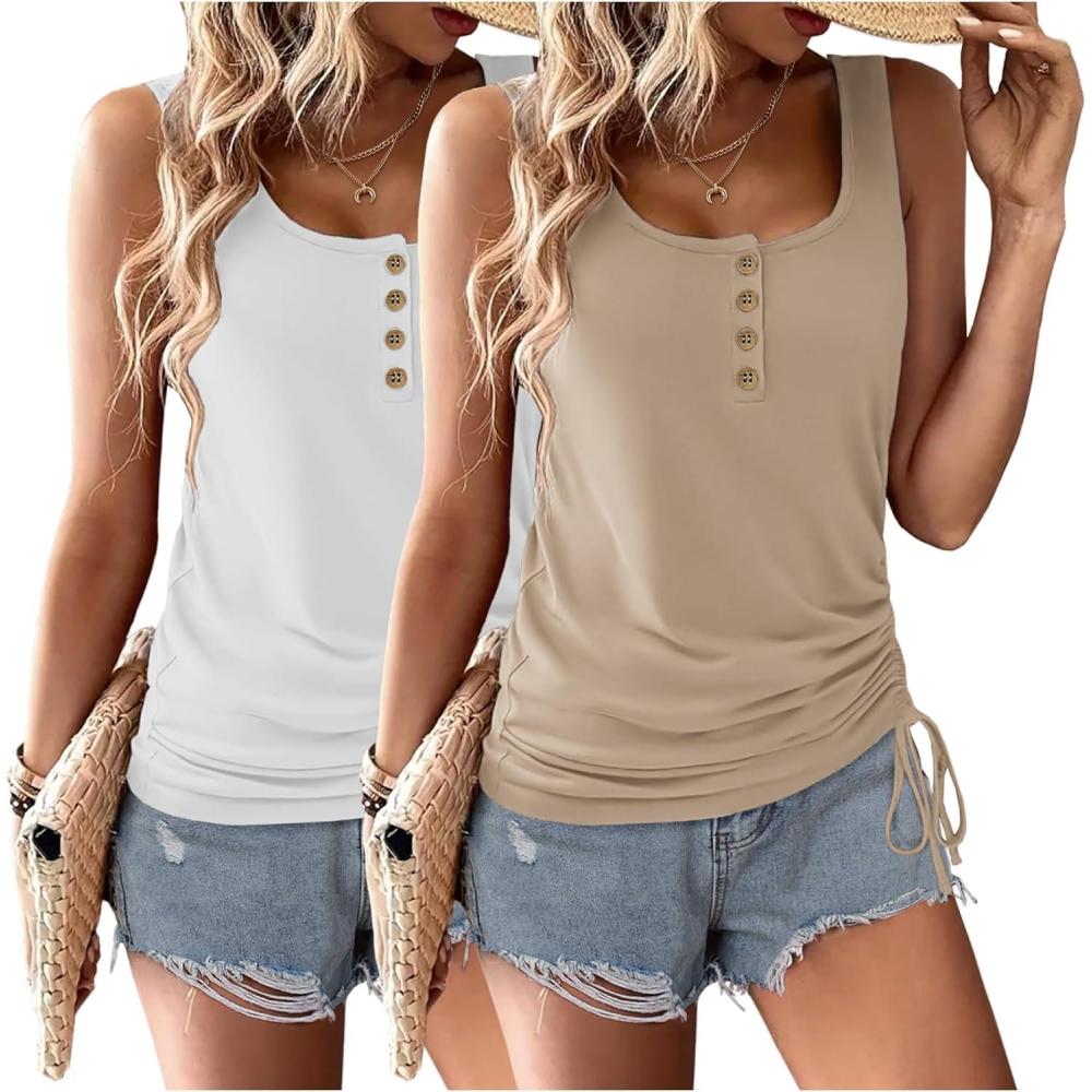 imageZeagoo Womens 2026 Tank Tops 2 Pack U Neck Summer Sleeveless Tops Loose Fit Button Casual Henley ShirtsWhitekhaki