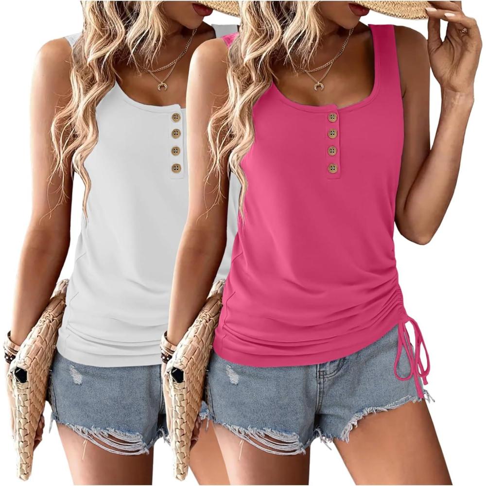 imageZeagoo Womens 2026 Tank Tops 2 Pack U Neck Summer Sleeveless Tops Loose Fit Button Casual Henley ShirtsWhiterose Red