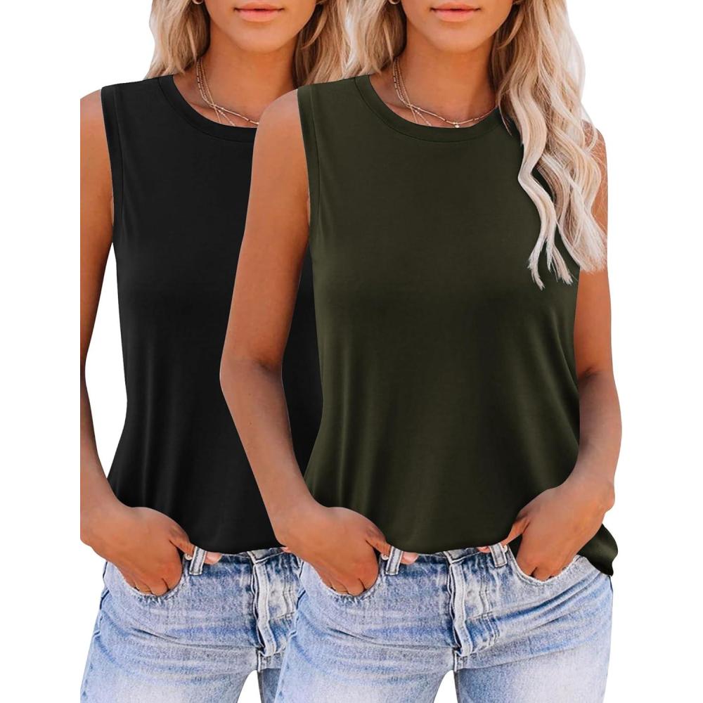 imageZeagoo Womens 2026 Tank Tops Casual Crewneck Sleeveless T Shirts Loose Fit Summer Tunic Blouse2 Packarmy Green and Black