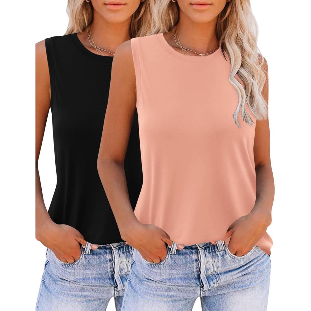 imageZeagoo Womens 2026 Tank Tops Casual Crewneck Sleeveless T Shirts Loose Fit Summer Tunic BlouseCoral and Black