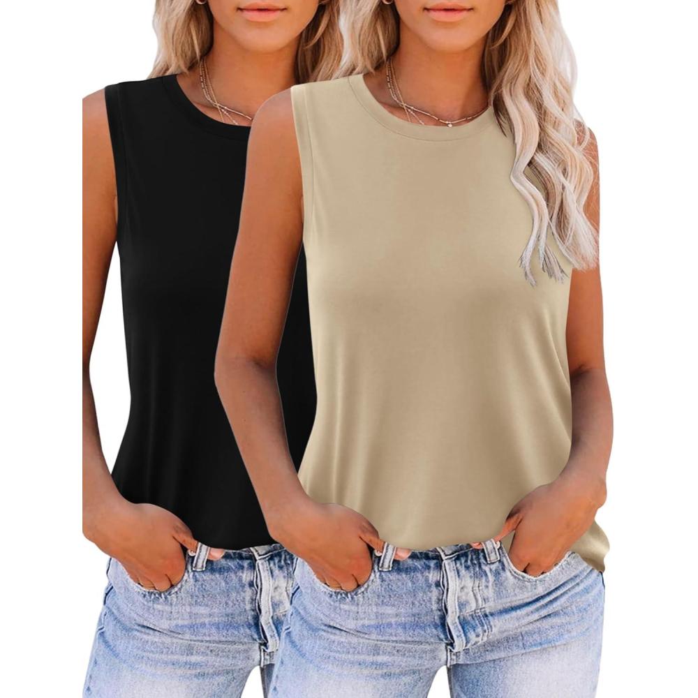 imageZeagoo Womens 2026 Tank Tops Casual Crewneck Sleeveless T Shirts Loose Fit Summer Tunic BlouseKhaki and Black
