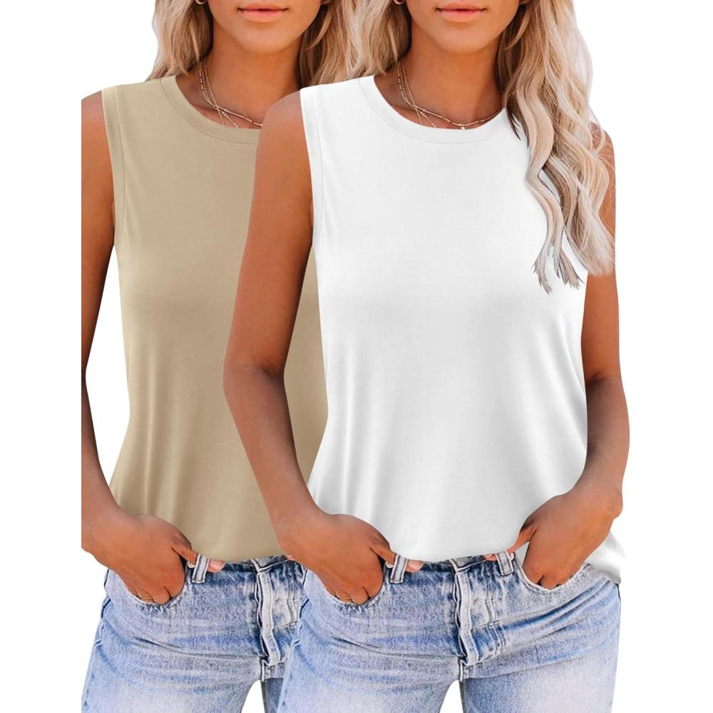imageZeagoo Womens 2026 Tank Tops Casual Crewneck Sleeveless T Shirts Loose Fit Summer Tunic BlouseKhaki and White