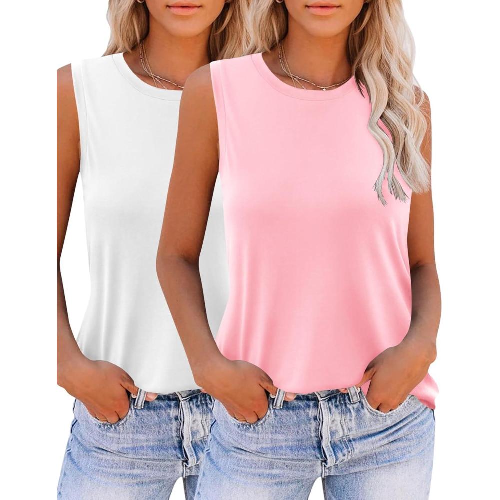 imageZeagoo Womens 2026 Tank Tops Casual Crewneck Sleeveless T Shirts Loose Fit Summer Tunic BlousePink and White