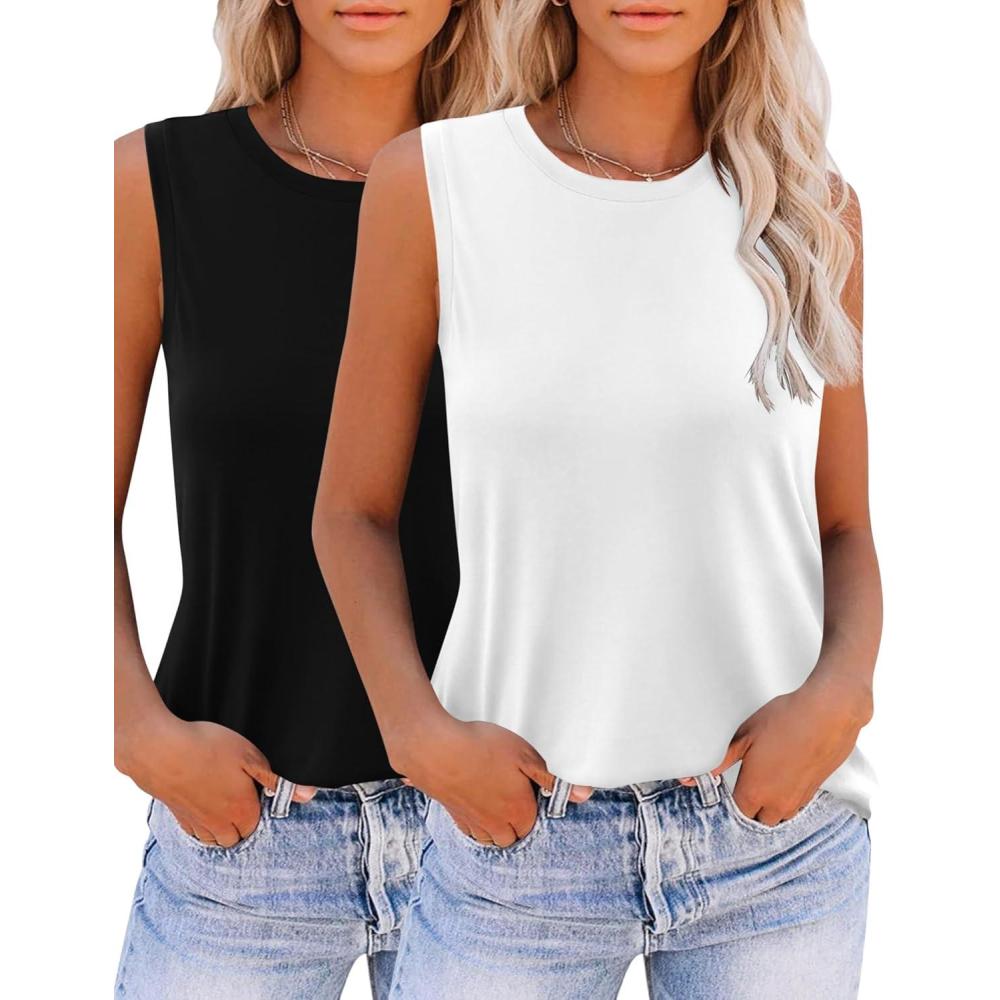 imageZeagoo Womens 2026 Tank Tops Casual Crewneck Sleeveless T Shirts Loose Fit Summer Tunic BlouseWhite and Black