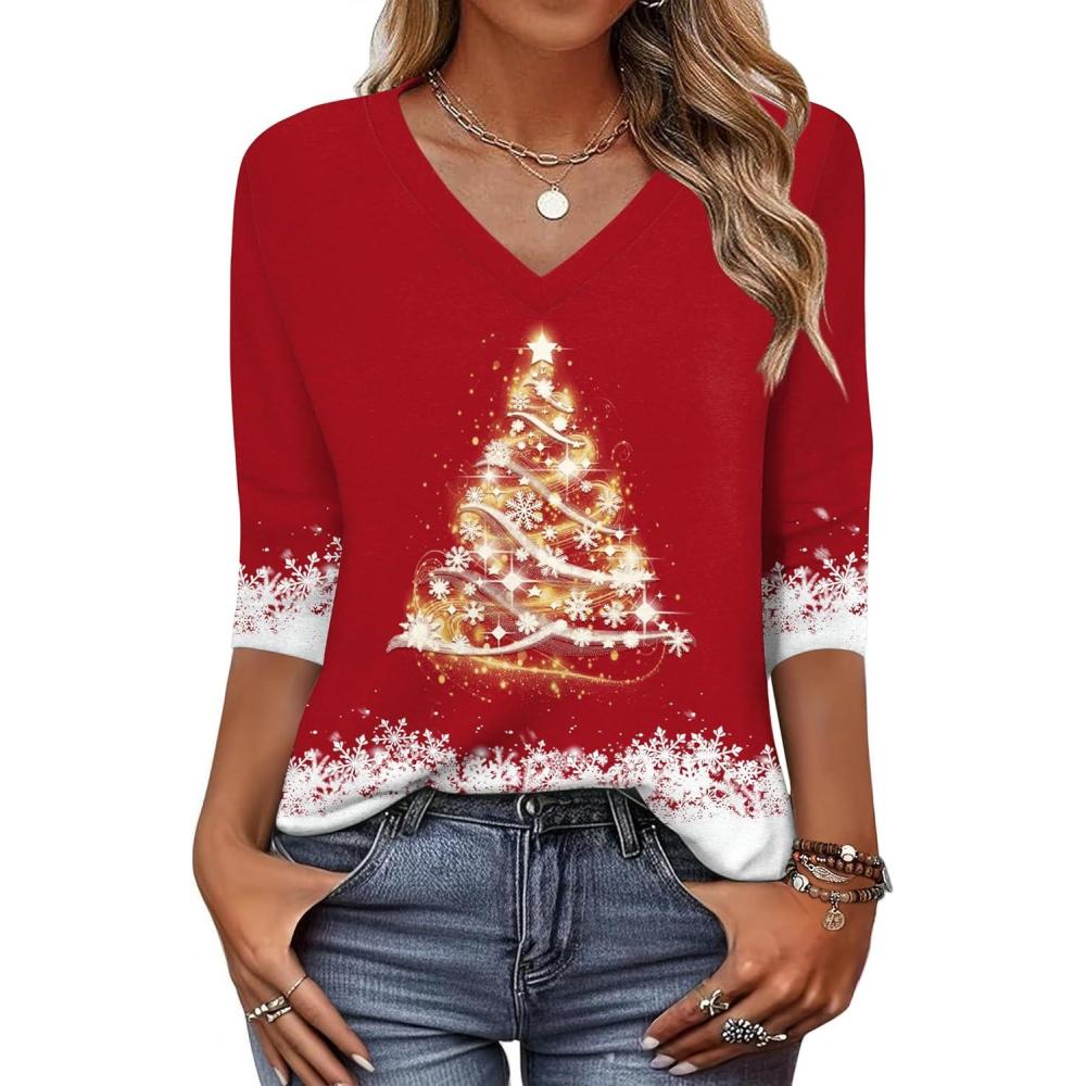 imageZeagoo Womens Blouse Casual 34 Length Sleeve V Neck Basic TShirts Spring Summer Cute Tunic Tops Business Work TeesChristmas Redsd489