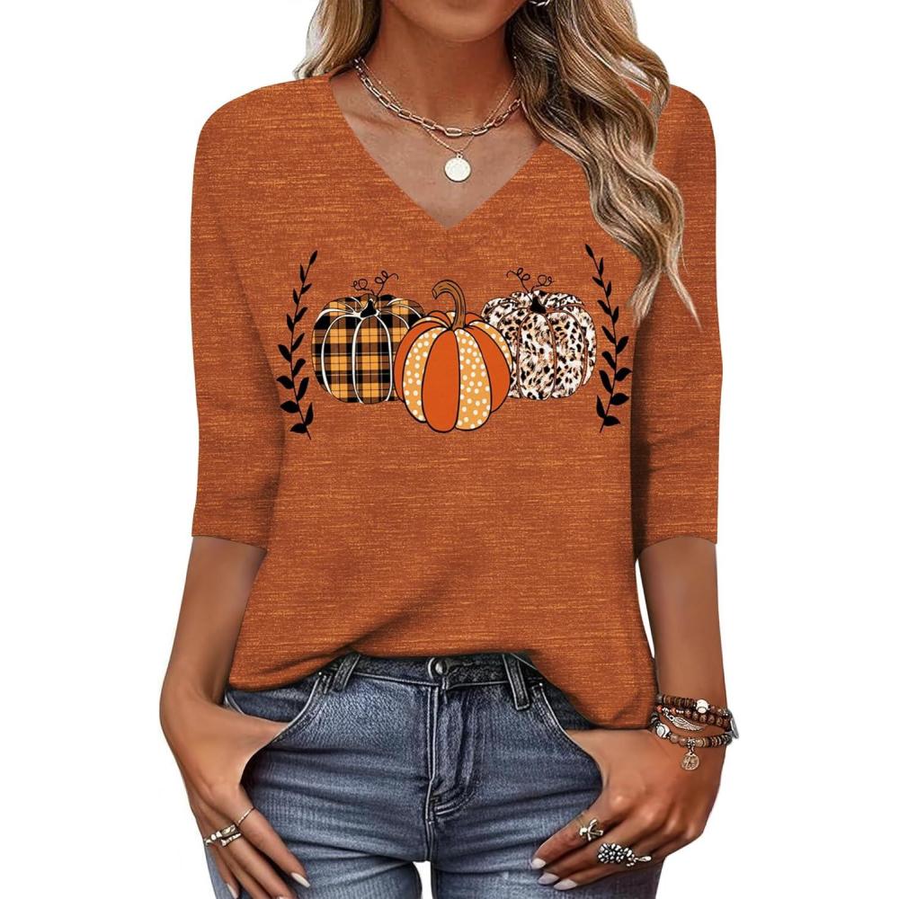 imageZeagoo Womens Blouse Casual 34 Length Sleeve V Neck Basic TShirts Spring Summer Cute Tunic Tops Business Work TeesPumpkinws86