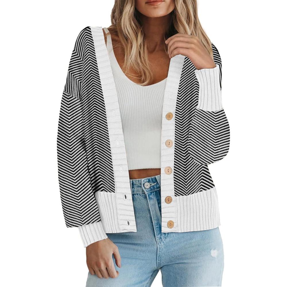 imageZeagoo Womens Cardigan 2025 Fall Winter Open Front Oversized Button V Neck Loose Soft Knit SweaterBlack Stripe