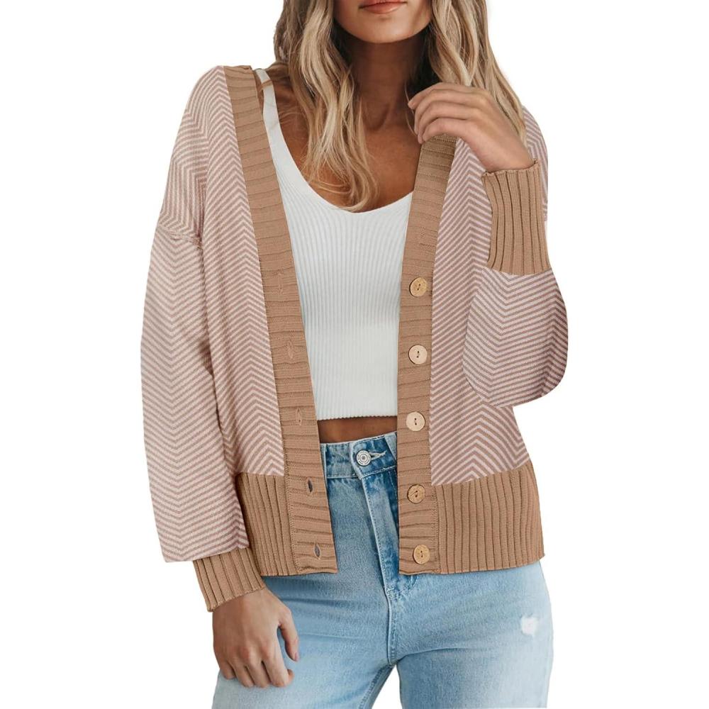 imageZeagoo Womens Cardigan 2025 Fall Winter Open Front Oversized Button V Neck Loose Soft Knit SweaterKhaki Stripe
