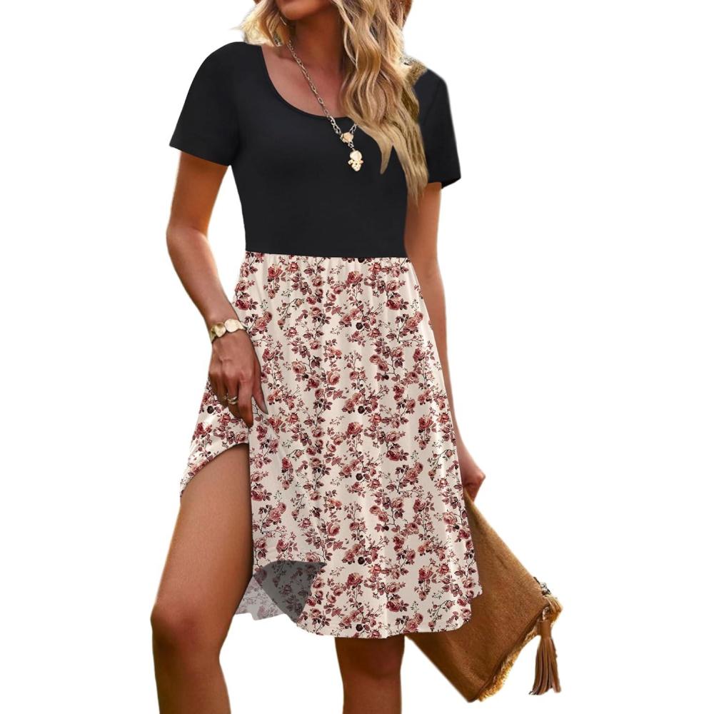 imageZeagoo Womens Casual Dress Floral Patchwork Summer Dress Square Neck Short Sleeve A Line Flowy Swing Mini Dress with PocketsPat9