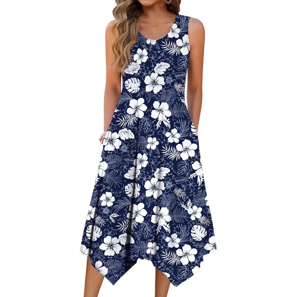 imageZeagoo Womens Casual Dress for Summer Tank Dress Loose Flowy Beach Dress with Pockets Hankerchief Flare Midi Sundress 2026Navy Sf157