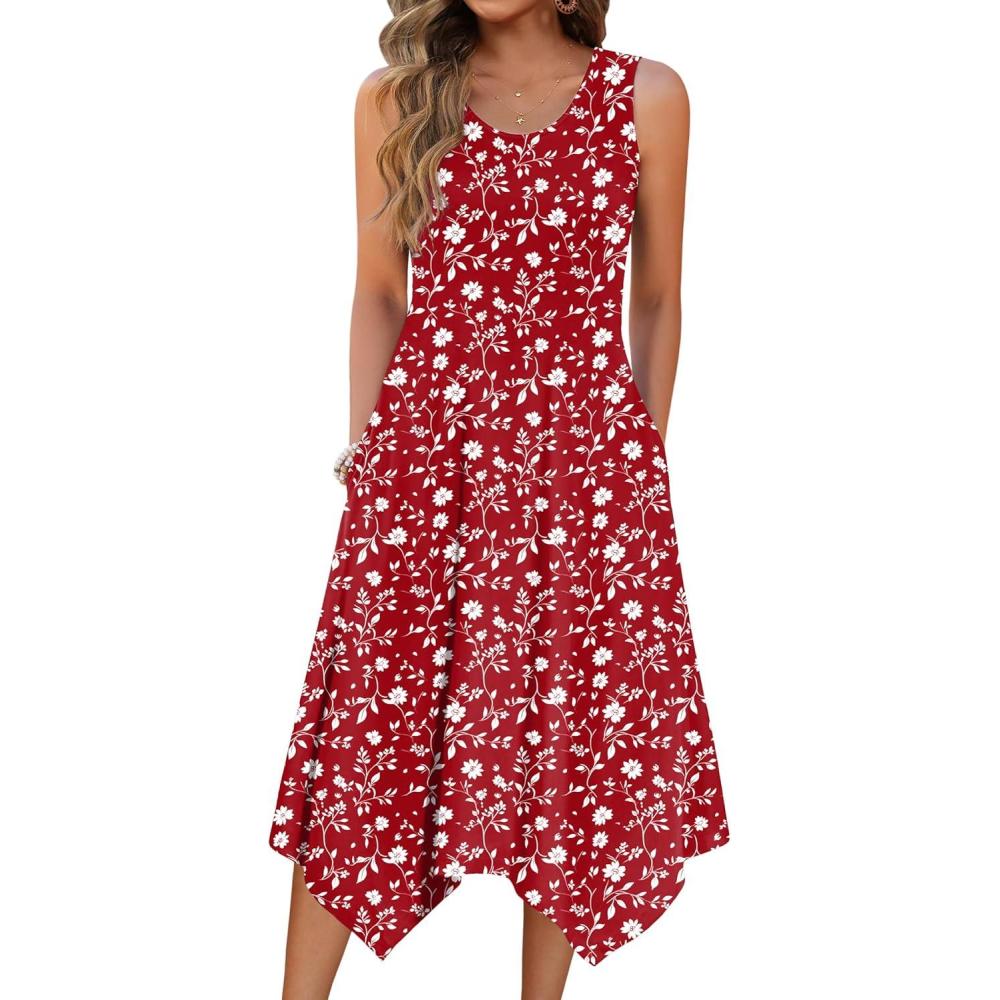 imageZeagoo Womens Casual Dress for Summer Tank Dress Loose Flowy Beach Dress with Pockets Hankerchief Flare Midi Sundress 2026Red Xh268