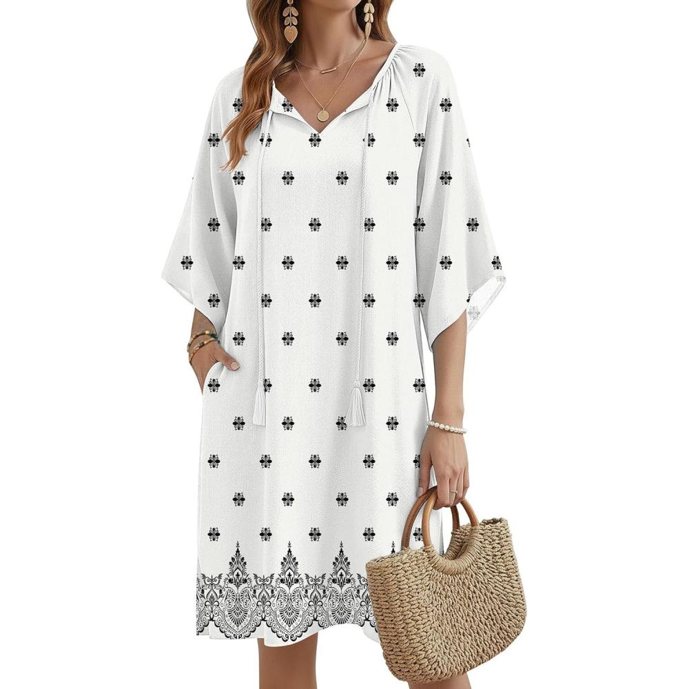 imageZeagoo Womens Casual Summer Dress Boho Beach Dresses Tassel Tie Neck 2026 Floral Cover Up Spring 34 Sleeve Mini SundressApricot