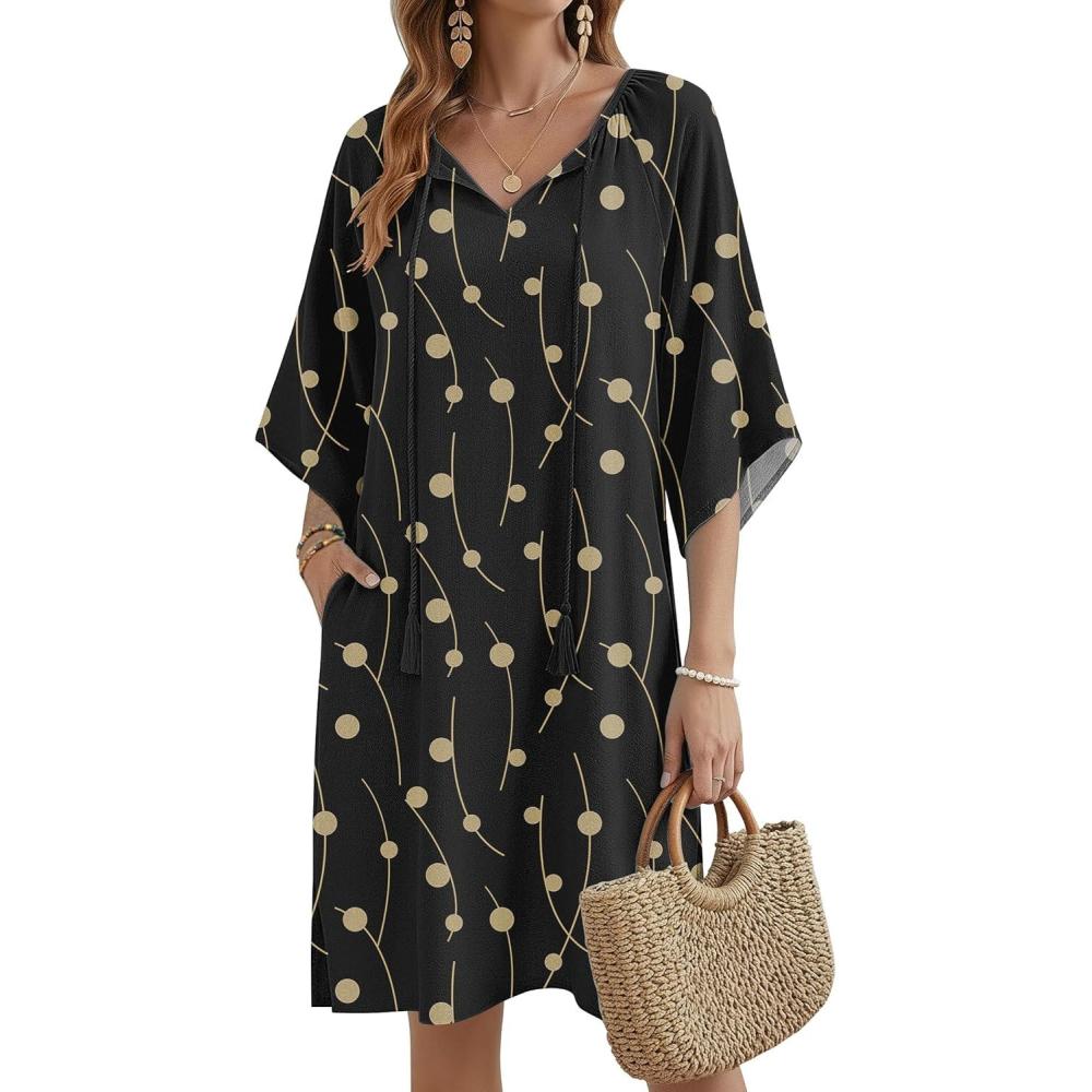 imageZeagoo Womens Casual Summer Dress Boho Beach Dresses Tassel Tie Neck 2026 Floral Cover Up Spring 34 Sleeve Mini SundressBlack Lines