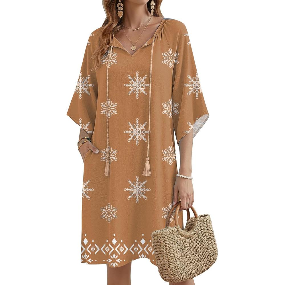 imageZeagoo Womens Casual Summer Dress Boho Beach Dresses Tassel Tie Neck 2026 Floral Cover Up Spring 34 Sleeve Mini SundressBrown