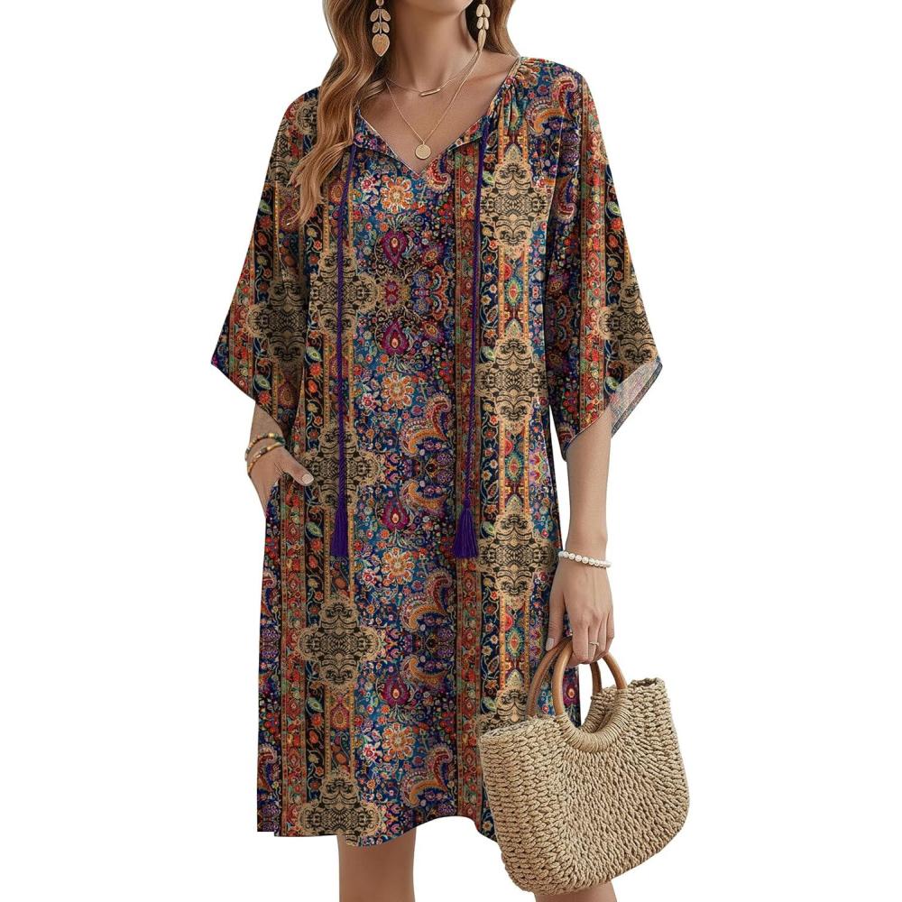 imageZeagoo Womens Casual Summer Dress Boho Beach Dresses Tassel Tie Neck 2026 Floral Cover Up Spring 34 Sleeve Mini SundressEthnic