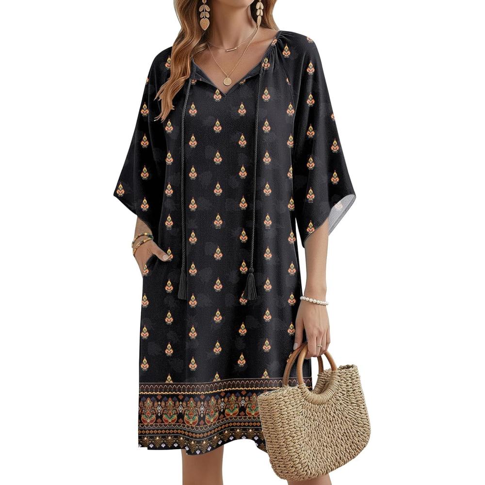 imageZeagoo Womens Casual Summer Dress Boho Beach Dresses Tassel Tie Neck 2026 Floral Cover Up Spring 34 Sleeve Mini SundressEthnic Black