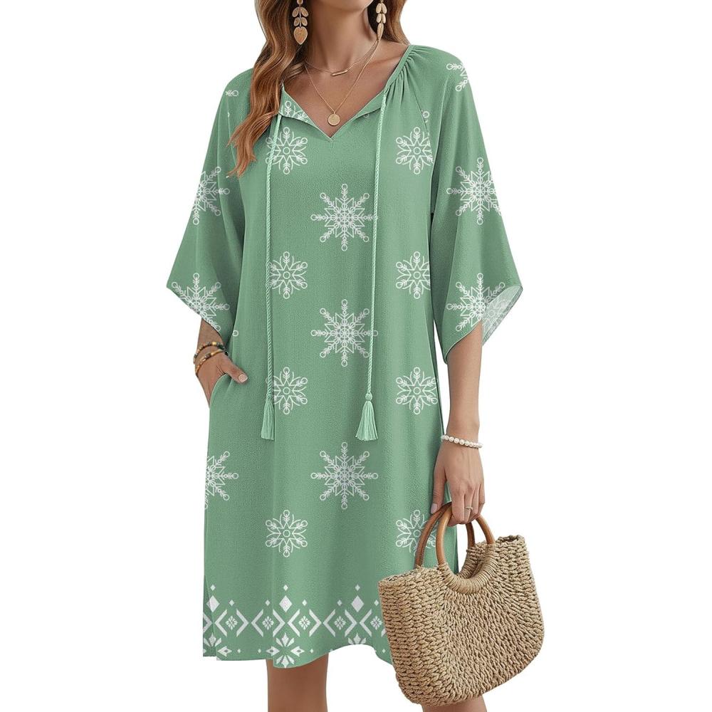 imageZeagoo Womens Casual Summer Dress Boho Beach Dresses Tassel Tie Neck 2026 Floral Cover Up Spring 34 Sleeve Mini SundressGreen and White