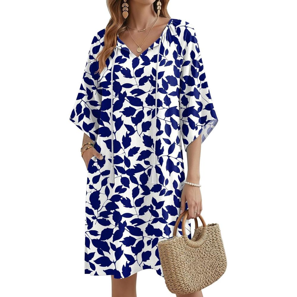 imageZeagoo Womens Casual Summer Dress Boho Beach Dresses Tassel Tie Neck 2026 Floral Cover Up Spring 34 Sleeve Mini SundressLeaf Blue