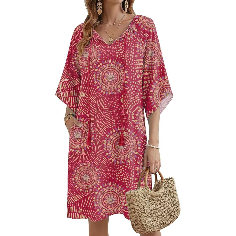 imageZeagoo Womens Casual Summer Dress Boho Beach Dresses Tassel Tie Neck 2026 Floral Cover Up Spring 34 Sleeve Mini SundressRed
