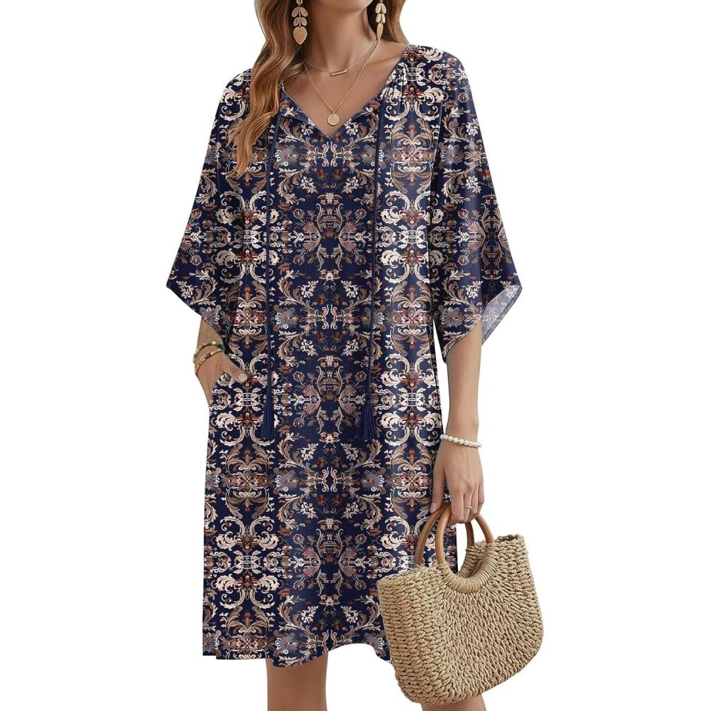 imageZeagoo Womens Casual Summer Dress Boho Beach Dresses Tassel Tie Neck 2026 Floral Cover Up Spring 34 Sleeve Mini SundressTibetan Khaki