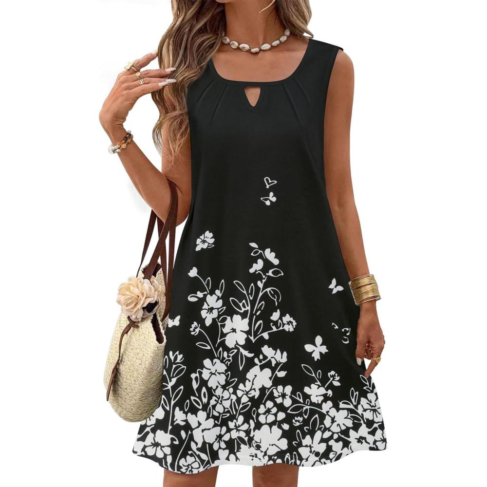 imageZeagoo Womens Casual Summer Dresses 2025 Boho Sleeveless Sundresses with Pockets Pleated Beach Floral T Shirt DressesBlackprinted03