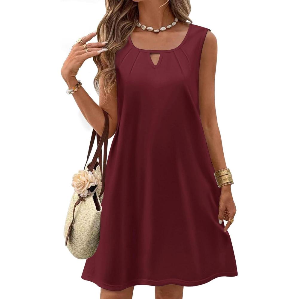 imageZeagoo Womens Casual Summer Dresses 2025 Boho Sleeveless Sundresses with Pockets Pleated Beach Floral T Shirt DressesWine Red