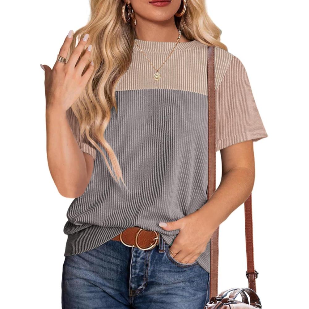 imageZeagoo Womens Casual Summer Tops Short Sleeve T Shirts Crewneck Basic Tees Blouses Color Block Tunic TopsBgray