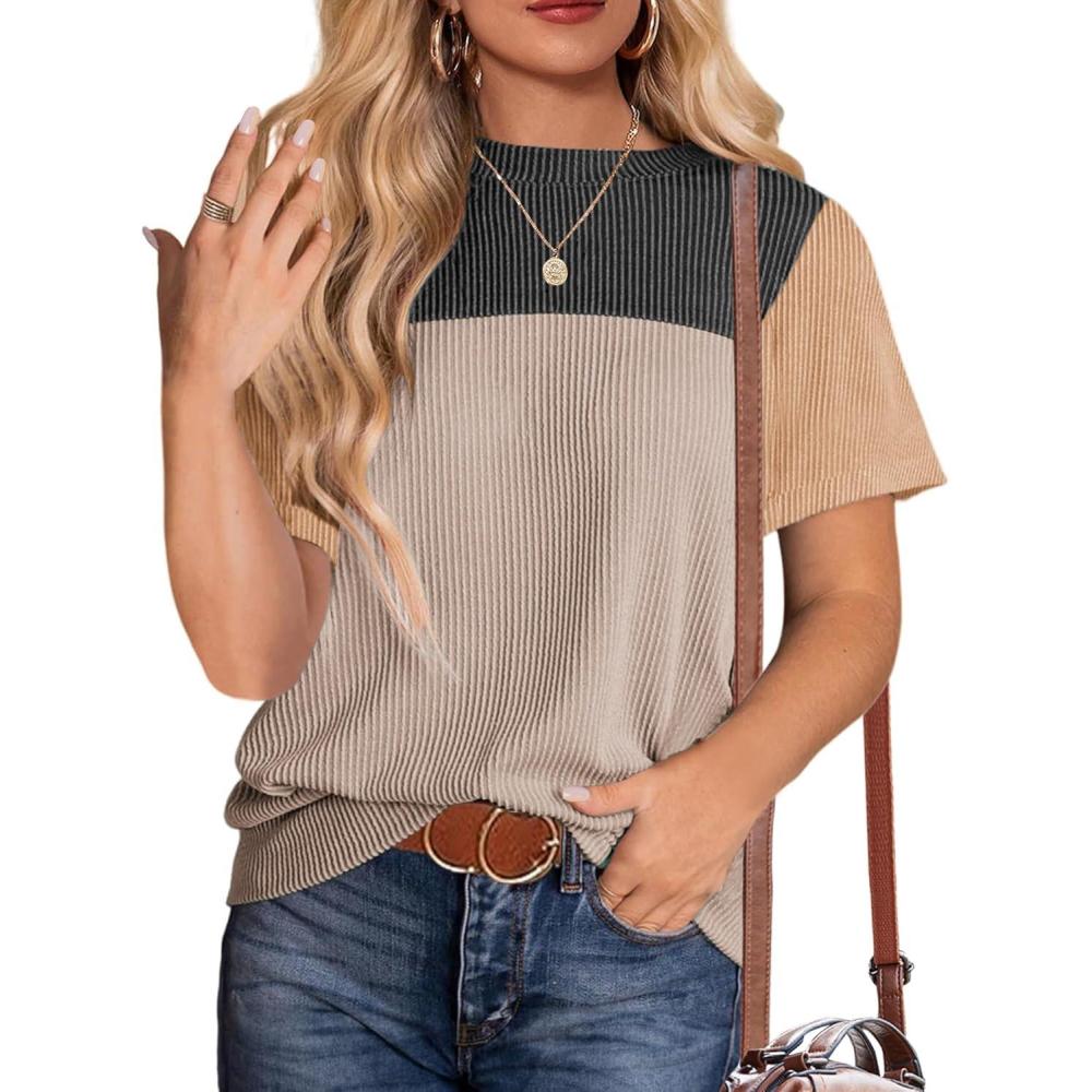 imageZeagoo Womens Casual Summer Tops Short Sleeve T Shirts Crewneck Basic Tees Blouses Color Block Tunic TopsBlackb