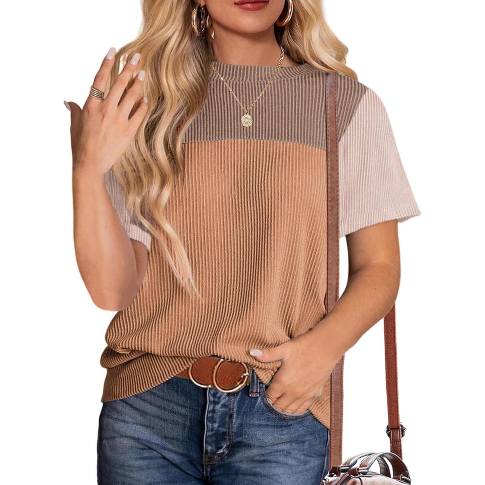 imageZeagoo Womens Casual Summer Tops Short Sleeve T Shirts Crewneck Basic Tees Blouses Color Block Tunic TopsKhakib