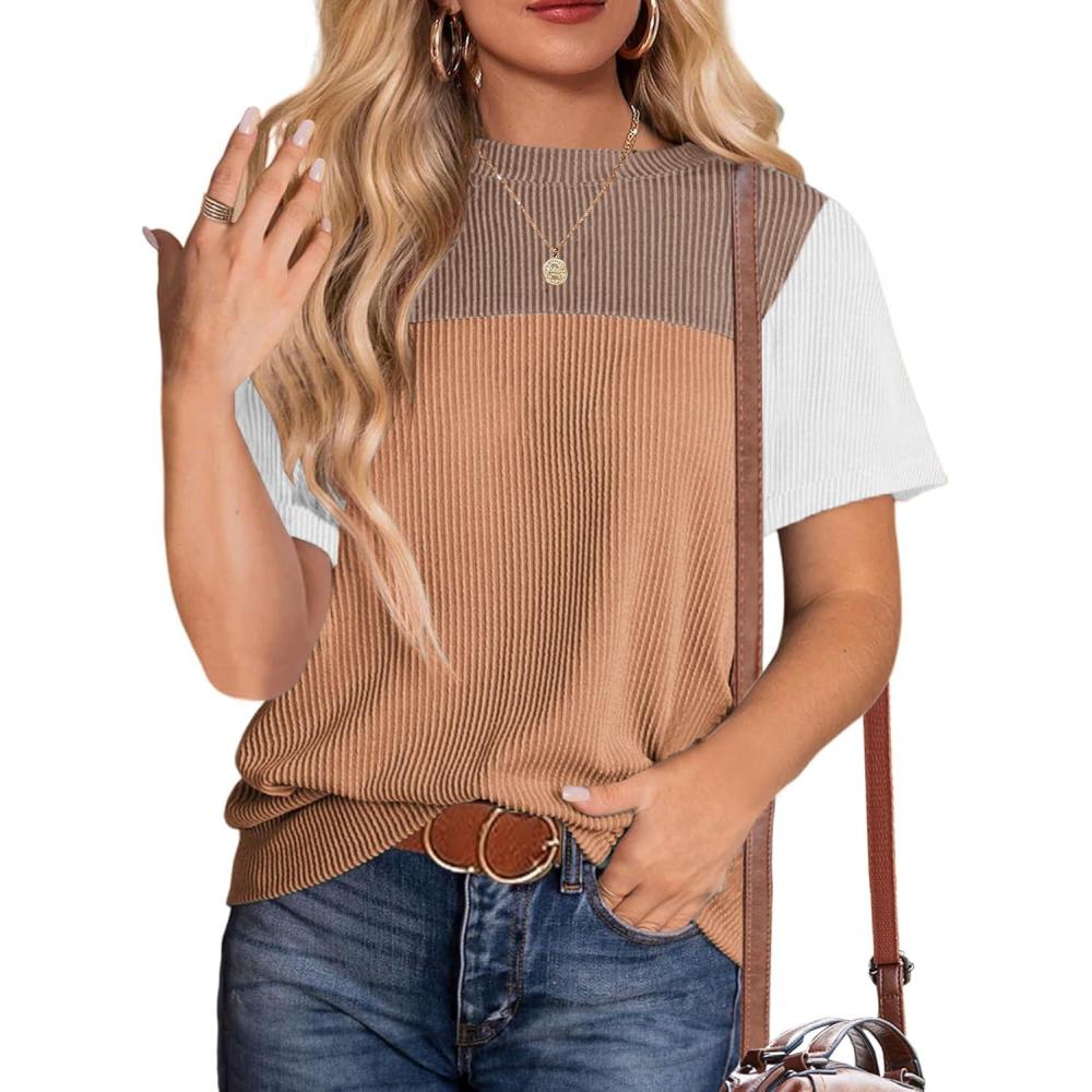 imageZeagoo Womens Casual Summer Tops Short Sleeve T Shirts Crewneck Basic Tees Blouses Color Block Tunic TopsWhite Khaki01