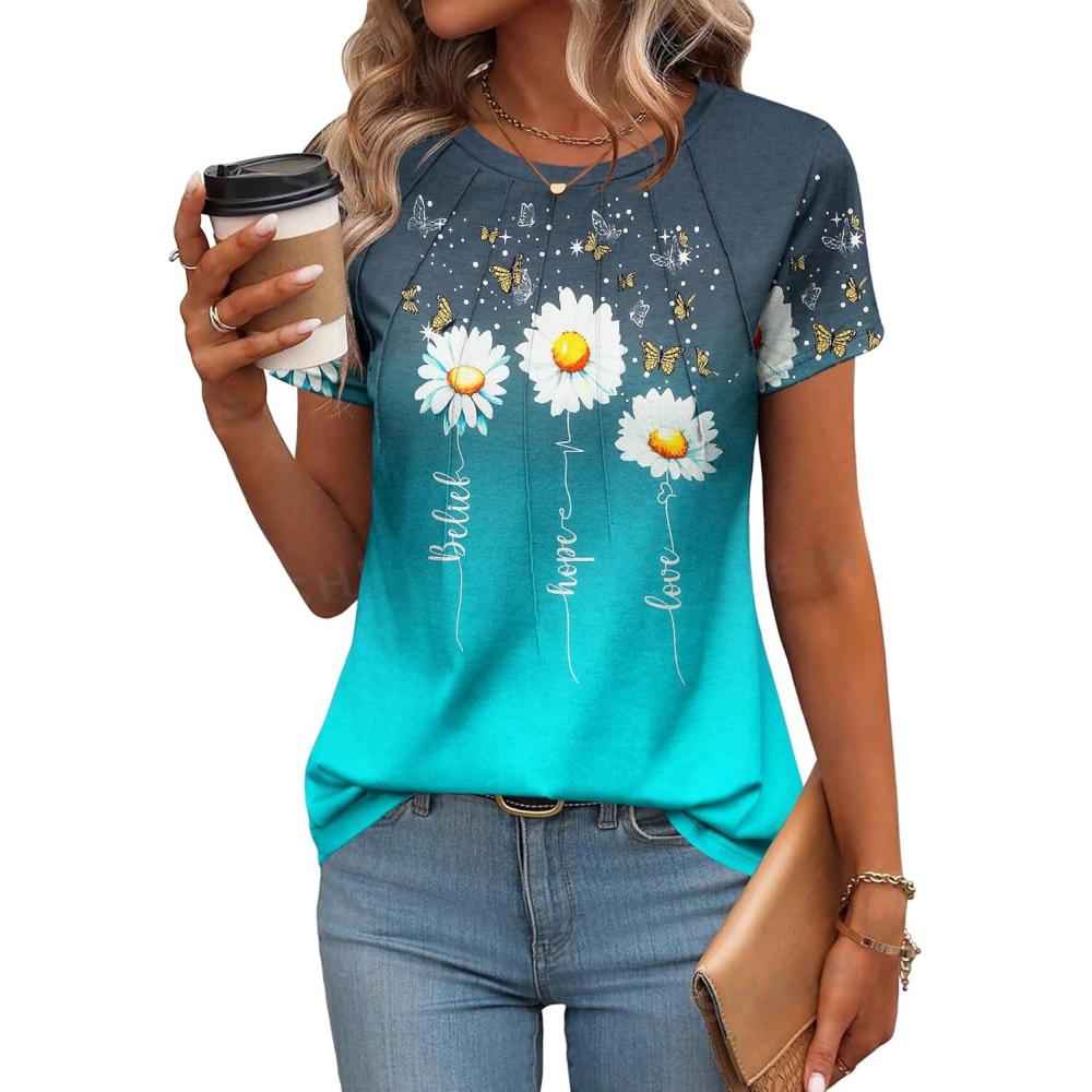 imageZeagoo Womens Casual T Shirts for Summer 2025 Short Sleeve Crewneck Tunic Shirts Floral Print Tops Pleated Dressy BlouseDaisy Print