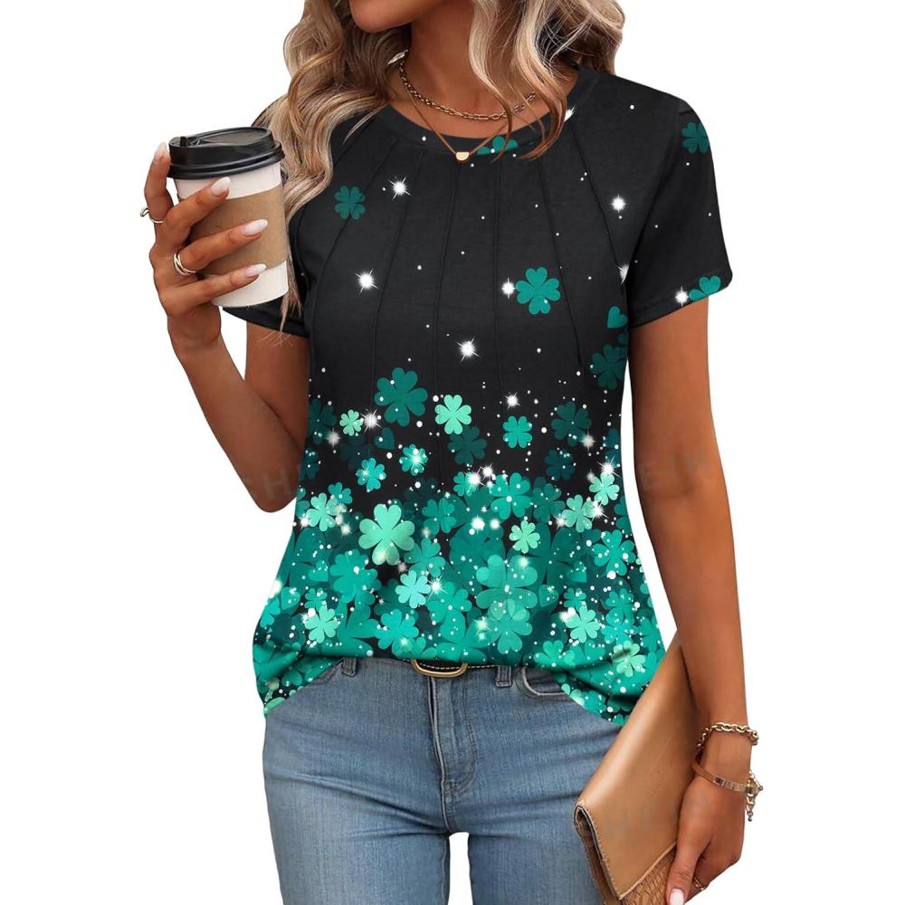 imageZeagoo Womens Casual T Shirts for Summer 2025 Short Sleeve Crewneck Tunic Shirts Floral Print Tops Pleated Dressy BlouseGreen Floral