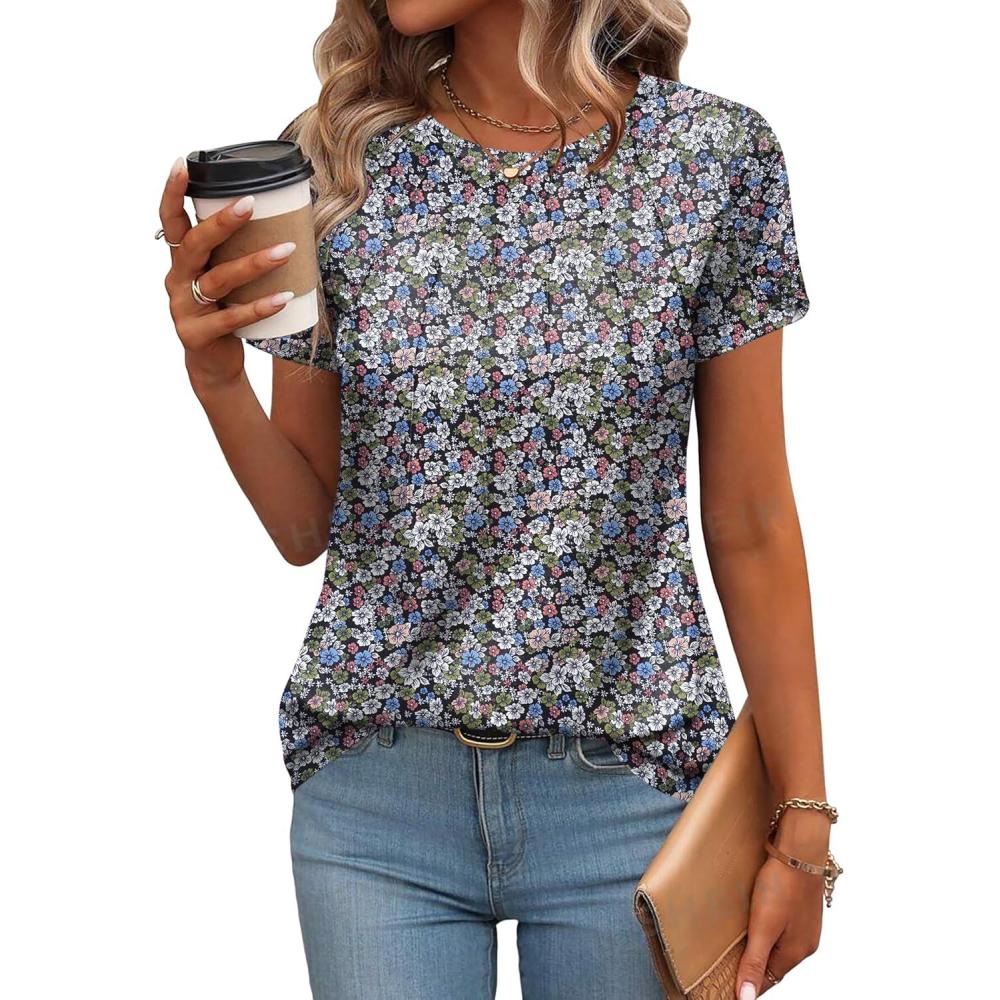 imageZeagoo Womens Casual T Shirts for Summer 2025 Short Sleeve Crewneck Tunic Shirts Floral Print Tops Pleated Dressy BlouseMixed Army Flower