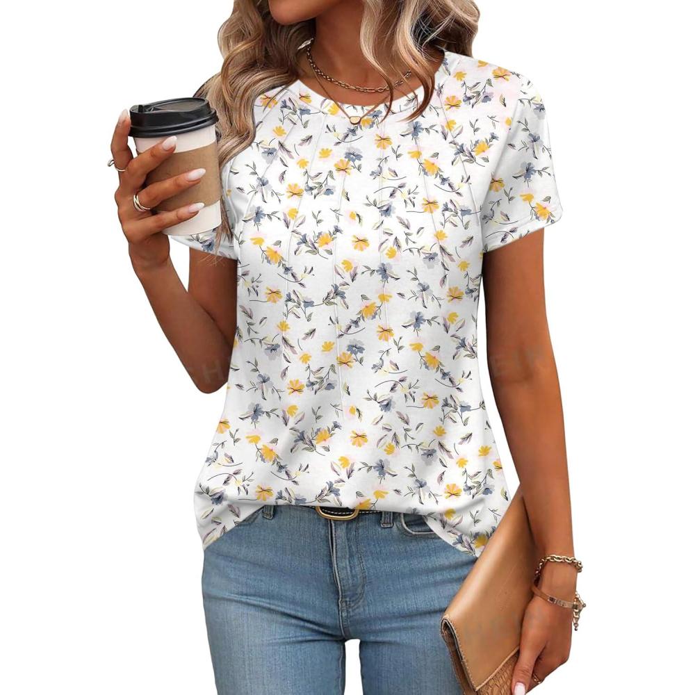imageZeagoo Womens Casual T Shirts for Summer 2025 Short Sleeve Crewneck Tunic Shirts Floral Print Tops Pleated Dressy BlouseMixed White Flower