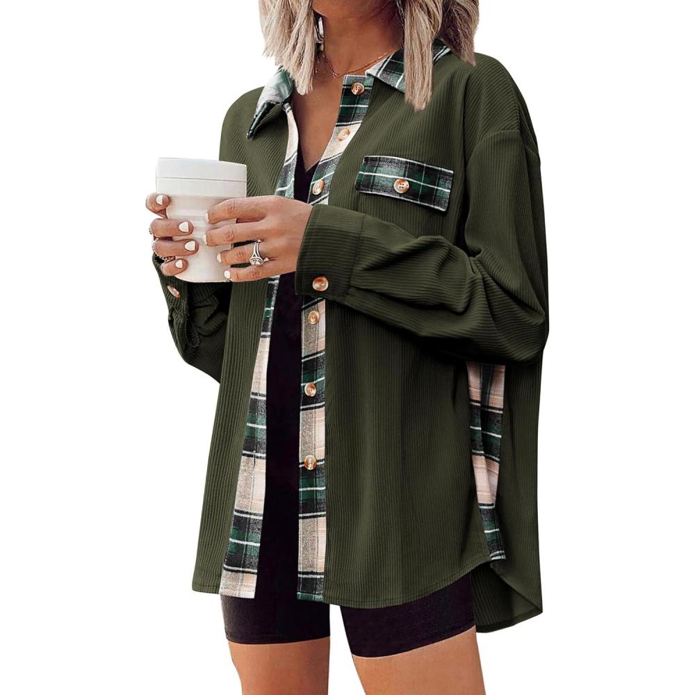 imageZeagoo Womens Corduroy Flannel Shacket Jacket Casual Plaid Button Down Shirts Long Sleeve Fall Tops with PocketsArmy Green