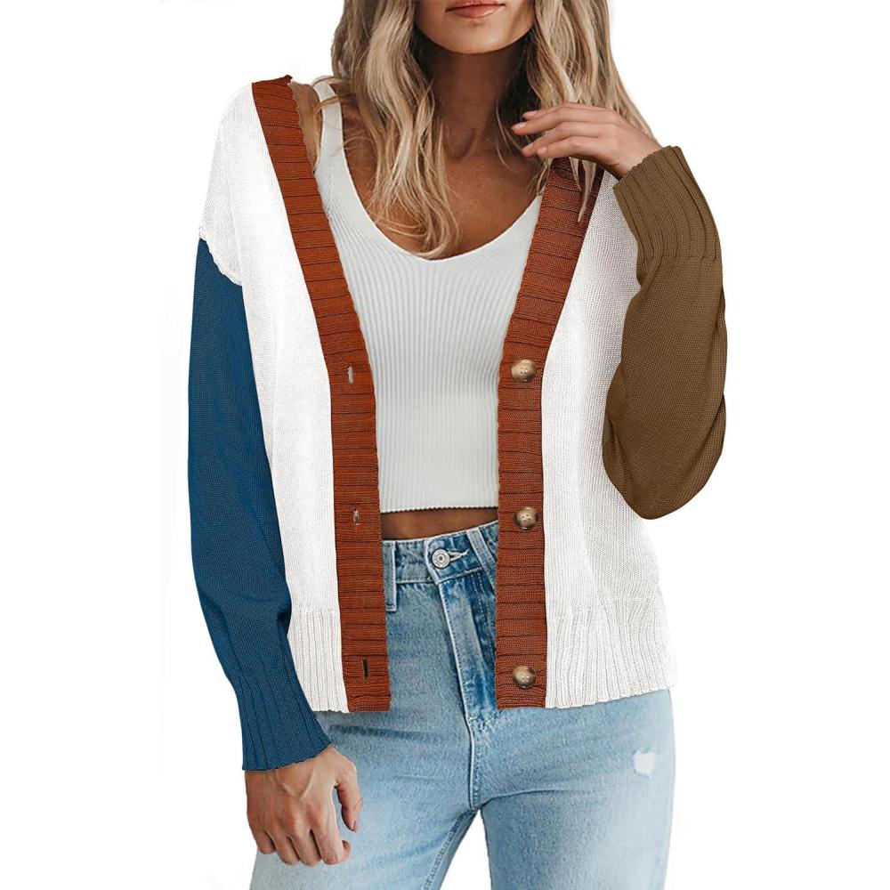 imageZeagoo Womens Cropped Cardigan 2025 Fall Button Sweaters V Neck Long Sleeve Cardigans Knit OutwearColorblockwhite