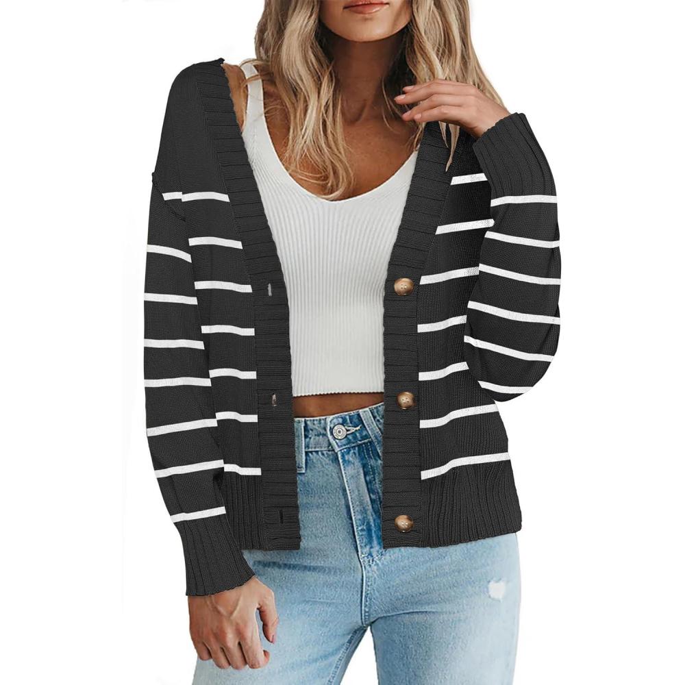 imageZeagoo Womens Cropped Cardigan 2025 Fall Button Sweaters V Neck Long Sleeve Cardigans Knit OutwearStripes Black