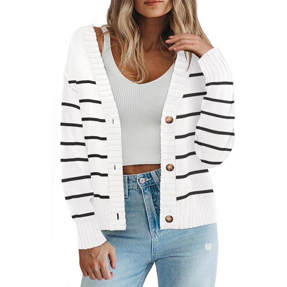 imageZeagoo Womens Cropped Cardigan 2025 Fall Button Sweaters V Neck Long Sleeve Cardigans Knit OutwearStripes White