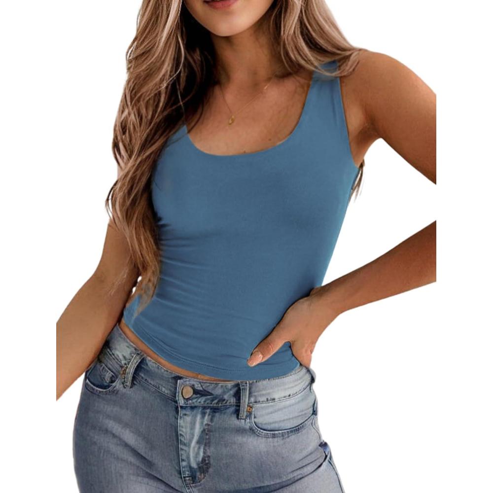 imageZeagoo Womens Double Lined Square Neck Tank Top Sleeveless Basic Crop Tops Trendy Going Out TopsBlue