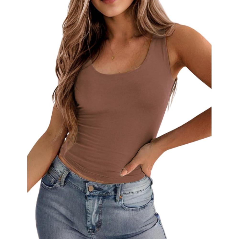 imageZeagoo Womens Double Lined Square Neck Tank Top Sleeveless Basic Crop Tops Trendy Going Out TopsBrown