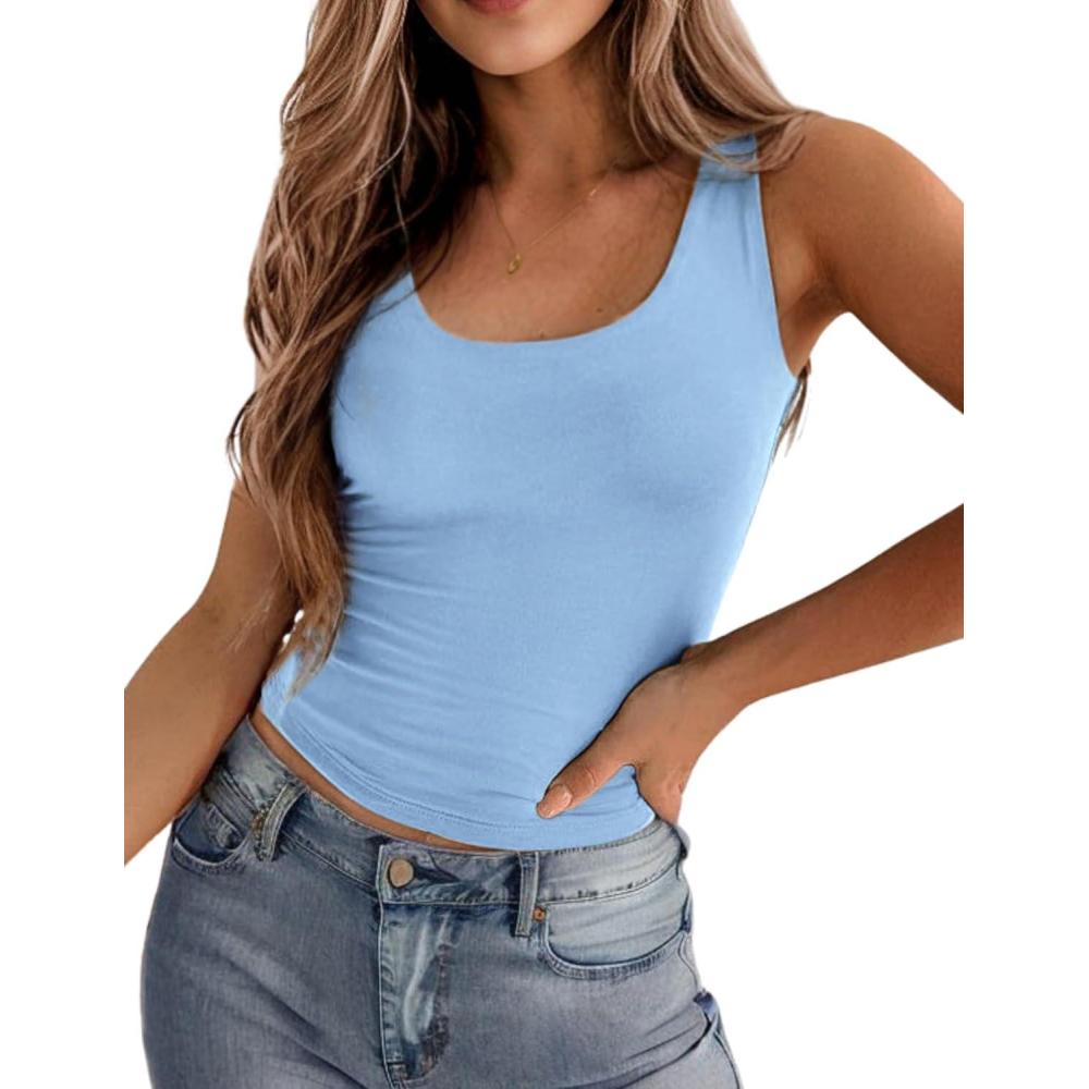 imageZeagoo Womens Double Lined Square Neck Tank Top Sleeveless Basic Crop Tops Trendy Going Out TopsLight Blue