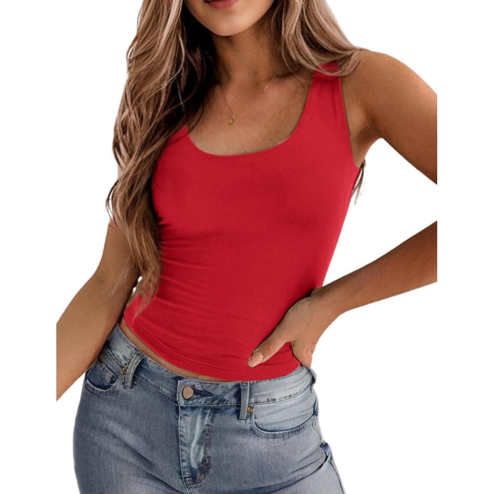 imageZeagoo Womens Double Lined Square Neck Tank Top Sleeveless Basic Crop Tops Trendy Going Out TopsRed