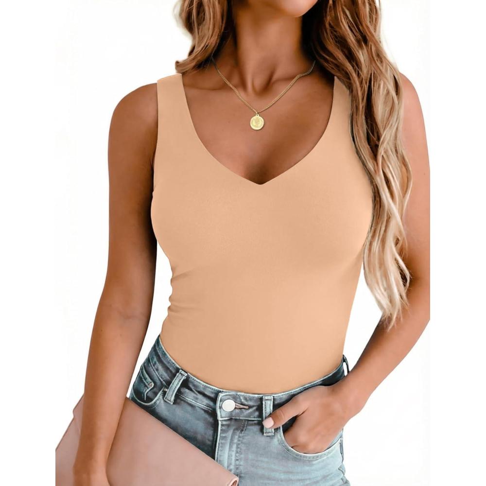 imageZeagoo Womens Double Lined V Neck Tank Tops Summer Slim Fit Basic Sleeveless Shirts Cute Trendy Going Out TopsTan
