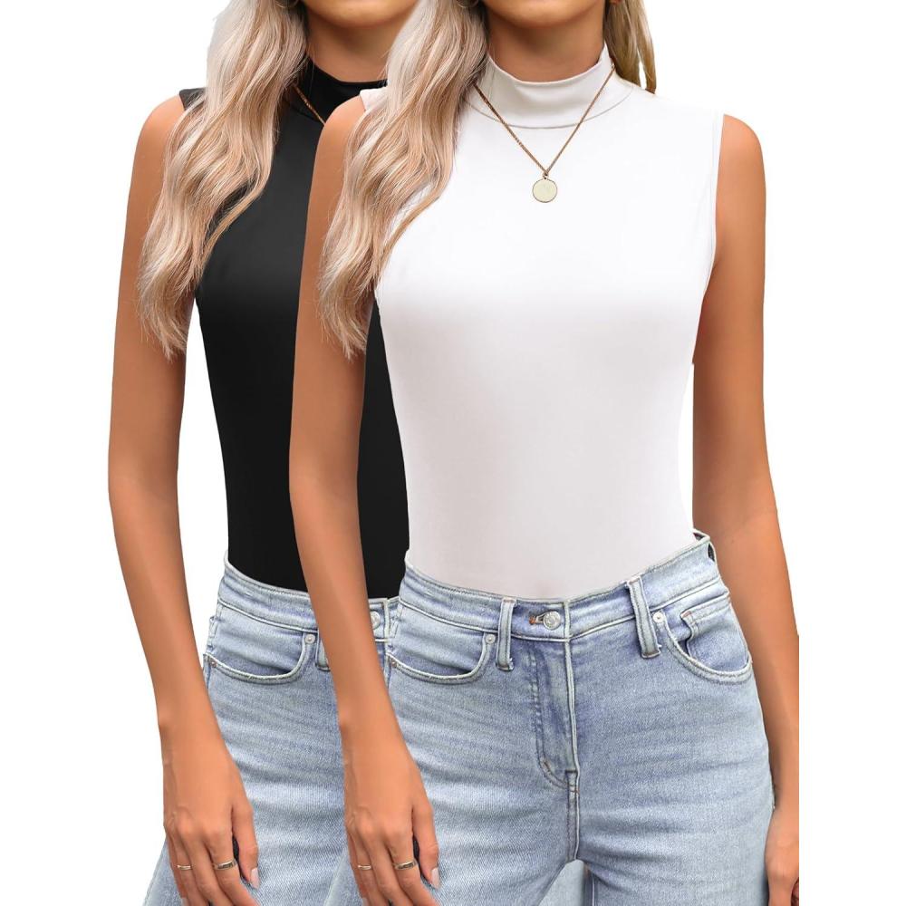 imageZeagoo Womens Mock Turtleneck Tank Tops 2026 Slim Fitted Sleeveless Top Stretchy Basic Casual Layer Tee ShirtsZ2 Pack Black and White