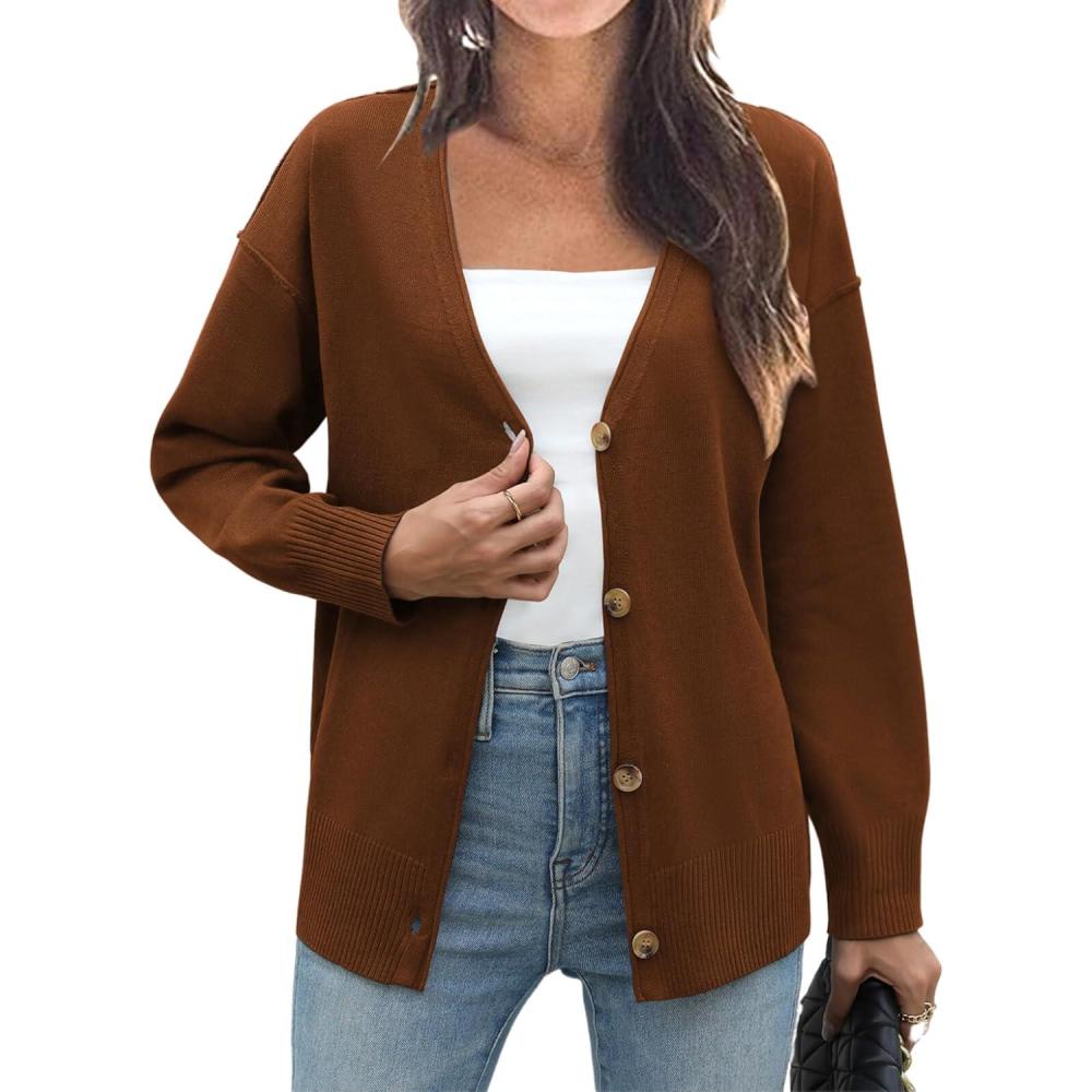 imageZeagoo Womens Oversized Button Cardigan Sweaters 2026 Fall Open Front Lightweight Cardigans V Neck Loose Knit OutwearCoffee