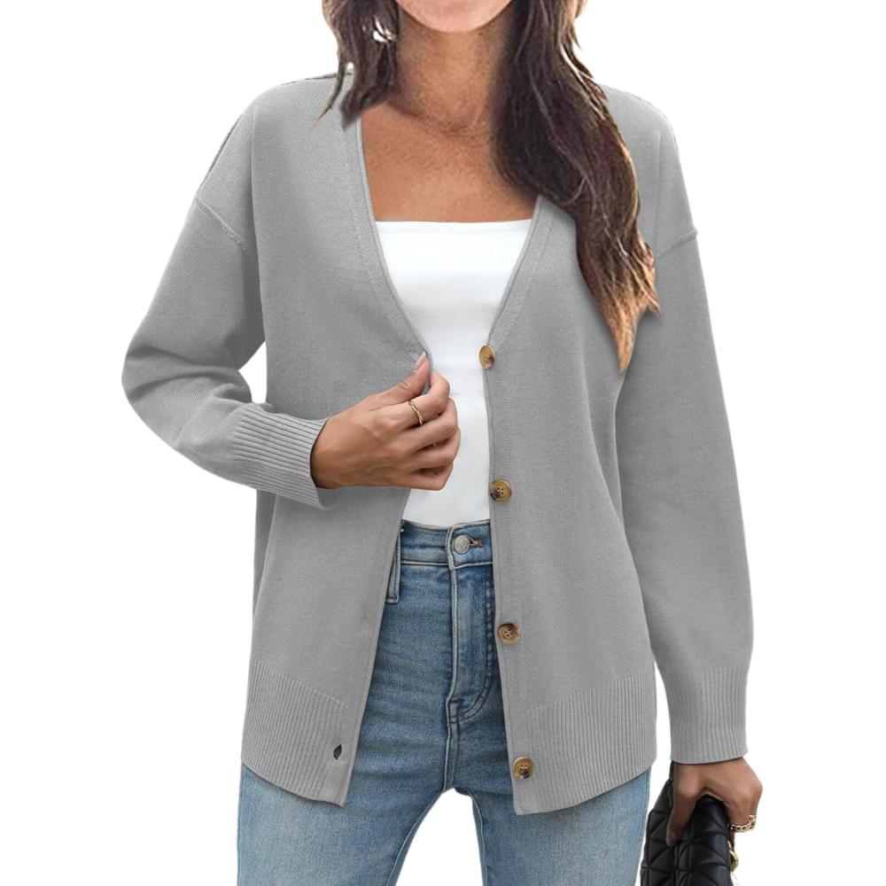 imageZeagoo Womens Oversized Button Cardigan Sweaters 2026 Fall Open Front Lightweight Cardigans V Neck Loose Knit OutwearLight Grey